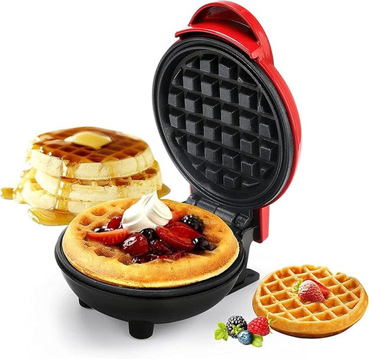 Mini Waffle Maker | 350W Portable Nonstick Waffle Machine | Dual-Sided Electric Snack & Breakfast Maker | Easy to Clean, Compact Kitchen Appliance | Red & Black