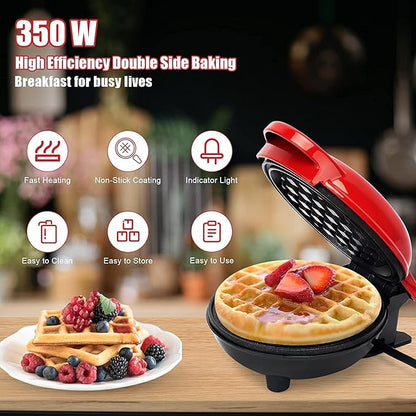 Mini Waffle Maker | 350W Portable Nonstick Waffle Machine | Dual-Sided Electric Snack & Breakfast Maker | Easy to Clean, Compact Kitchen Appliance | Red & Black