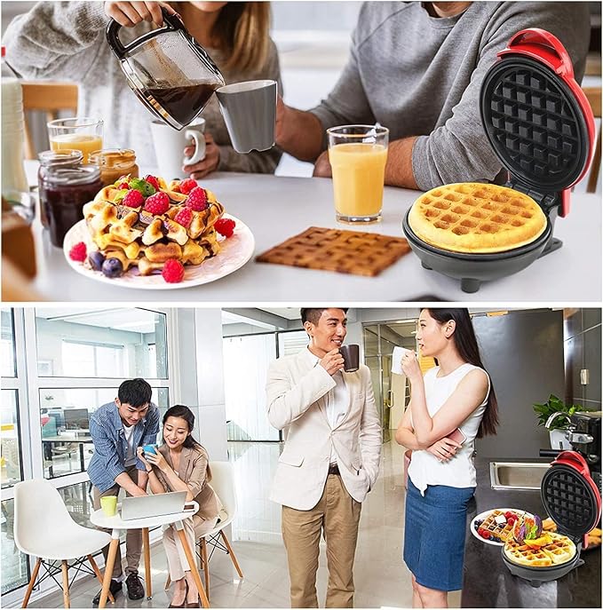 Mini Waffle Maker | 350W Portable Nonstick Waffle Machine | Dual-Sided Electric Snack & Breakfast Maker | Easy to Clean, Compact Kitchen Appliance | Red & Black