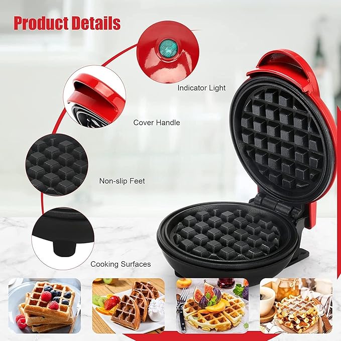 Mini Waffle Maker | 350W Portable Nonstick Waffle Machine | Dual-Sided Electric Snack & Breakfast Maker | Easy to Clean, Compact Kitchen Appliance | Red & Black