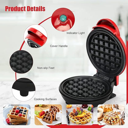 Mini Waffle Maker | 350W Portable Nonstick Waffle Machine | Dual-Sided Electric Snack & Breakfast Maker | Easy to Clean, Compact Kitchen Appliance | Red & Black