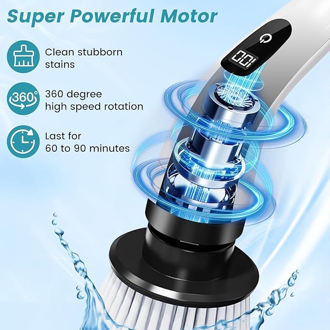 Electric Spin Scrubber, Cordless Bathroom Cleaning Brush with Adjustable Handle, 8 Brush Heads, Rechargeable Floor & Tile Grout Cleaner