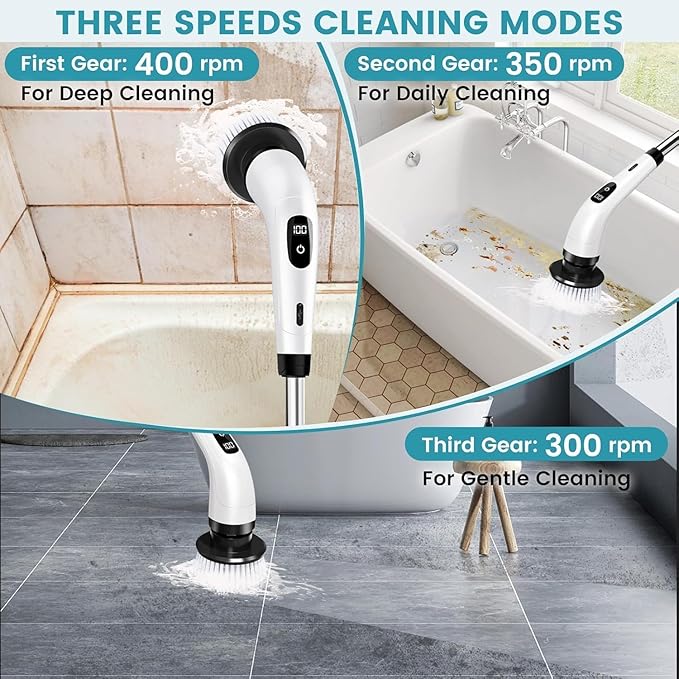Electric Spin Scrubber, Cordless Bathroom Cleaning Brush with Adjustable Handle, 8 Brush Heads, Rechargeable Floor & Tile Grout Cleaner