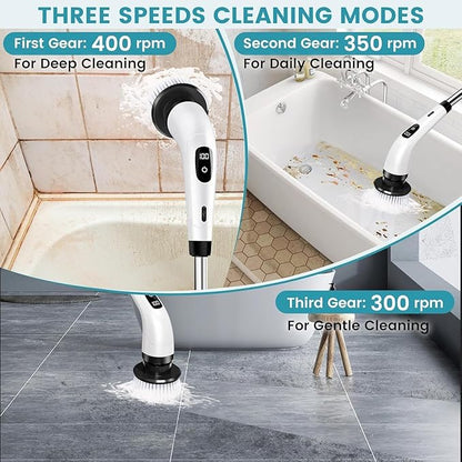 Electric Spin Scrubber, Cordless Bathroom Cleaning Brush with Adjustable Handle, 8 Brush Heads, Rechargeable Floor & Tile Grout Cleaner