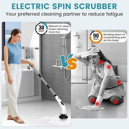 Electric Spin Scrubber, Cordless Bathroom Cleaning Brush with Adjustable Handle, 8 Brush Heads, Rechargeable Floor & Tile Grout Cleaner