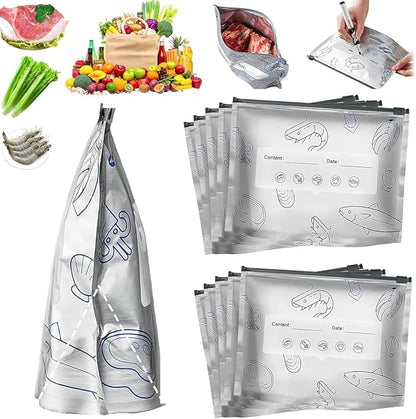 Reusable Aluminum Foil Food Storage Bag | Leakproof Zip Lock Fresh Keeping Bag for Kitchen | Reusable Freezer & Frozen Meat Storage Pouch | Aluminium Foil Sealable Bag for Snacks, Vegetables & Fruits 10Pcs