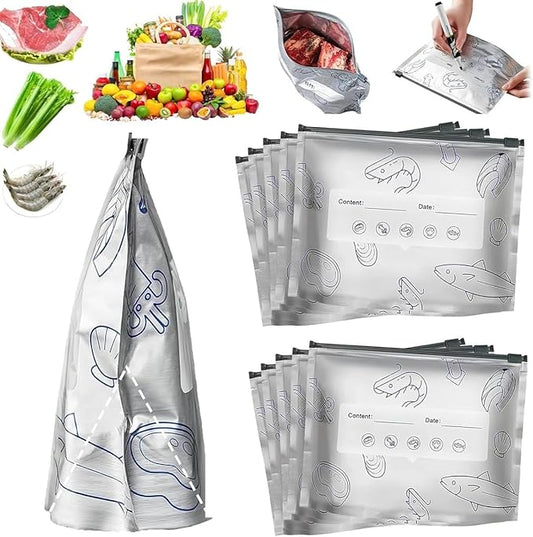 Reusable Aluminum Foil Food Storage Bag | Leakproof Zip Lock Fresh Keeping Bag for Kitchen | Reusable Freezer & Frozen Meat Storage Pouch | Aluminium Foil Sealable Bag for Snacks, Vegetables & Fruits 10Pcs